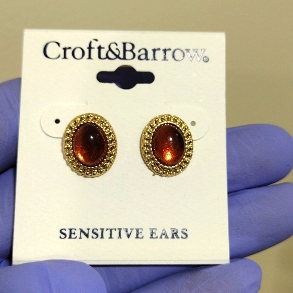 Croft & Barrow Amber Cabochon Stud Earrings – Gold Twist Border - Chic Jewelry - Picture 3 of 5